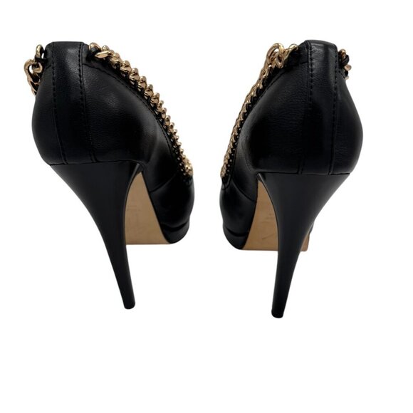 Giuseppe Zanotti Black Leather Peep Toe Heels Gold Chain Detail Size 6.5 - Picture 3 of 13
